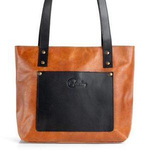 Brown and black top-grain genuine leather tote